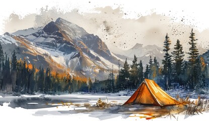 Wall Mural - Watercolor camp with a weathered tent in the foreground, with forest and mountains in the background