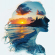 Silhouette woman with double exposure of sunset on the beach