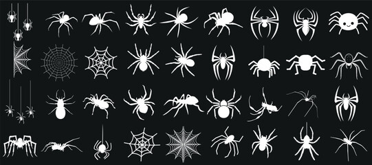 Wall Mural - Spider and Spider web illustrations white vector art on black background. Various poses and designs, perfect for Halloween, web design, graphic projects. Realistic and abstract styles. 