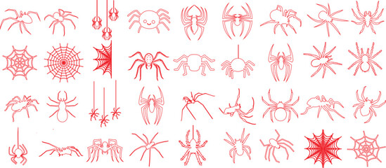 Wall Mural - Spider line illustration, diverse species of spider, red line art, white background. Detailed drawings, educational, wildlife, arachnid studies
