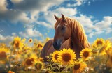 Fototapeta Konie - Golden Horse in a Field of Yellow Flowers, A Sunflower Meadow with a Beautiful Brown Horse, The Majestic Brown Horse Amidst the Vibrant Yellow Flowers,