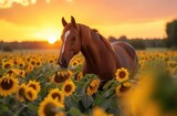 Fototapeta Konie - Sunset Serenade, Golden Horse in Sunflower Field, Sunflower Serenade, Horse Amongst Sunflowers.