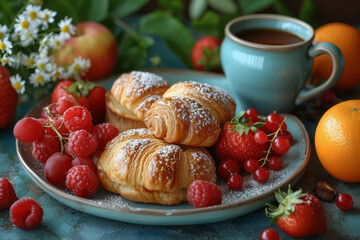 Poster - A breakfast flat lay with fresh pastries, fruit, and a pot of coffee. Concept of gourmet breakfast and morning indulgence. Generative Ai.