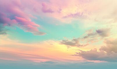 Stunning romantic and relaxing sunrise with some pink illuminated clouds moving across a blue sky. Long exposure, natural background.