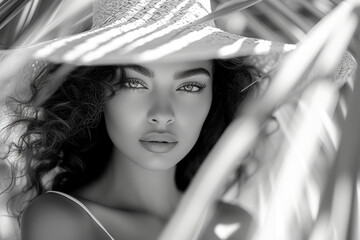 femme métisse, photo noir et blanc, plage, chapeau de paille, photo mode, portrait serré