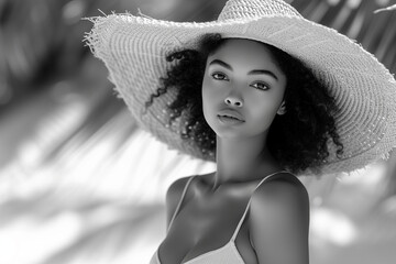 femme métisse, photo noir et blanc, plage, chapeau de paille, photo mode, portrait serré