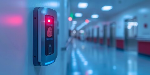 Leinwandbilder - Securing the Future: An Advanced Biometric Fingerprint Scanner Grants Selective Access in a Modern Hospital Corridor, Generative AI