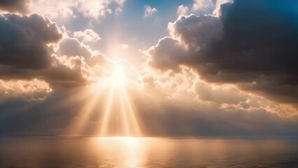 Wall Mural - Rays of light shine through the clouds creating dreamy crepuscular effects.
