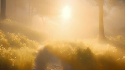 Poster - Golden rays peek through the billowing mist in the tranquil valley below.