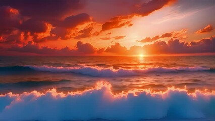 Wall Mural - the sky transforms into a fiery canvas as the sun sets over the tranquil ocean.
