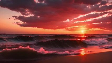 Wall Mural - the ocean reflects the fiery red sky creating a breathtaking sight to behold.