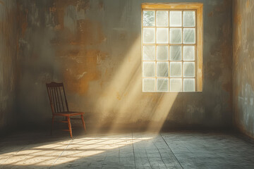 Poster - a sparse room with a single chair near a window, capturing the mood of solitude and introspection. c
