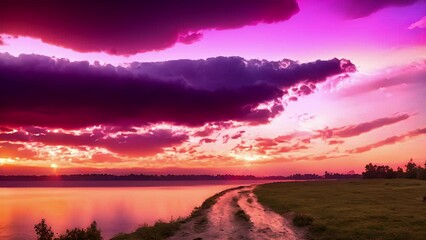 Wall Mural - The twilight sky transforms into a breathtaking canvas with the clouds reflecting a spectrum of fiery colors.