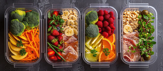 Wall Mural - healthy balanced fitness nutrition in transparent lunch boxes