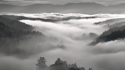Wall Mural - a mysterious veil fog creating an illusion of a valley disappearing into the clouds.