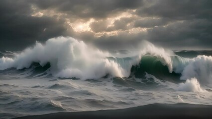 Poster - Waves crash against the shore under a menacing turbulent sky