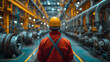 © JMarques - Front view of a technician or mechanical engineer wearing a safety helmet in a factory with a production line. Industrial machinery and maintenance.