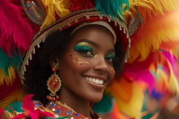 Festive Brazilian woman captivates in vibrant Carnival attire, embodying joy and cultural vibrancy in a tight close-up.

