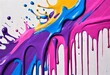 Messy paint strokes and smudges on an old painted wall. Pink, purple, yellow, blue color drips, flows, streaks of paint and paint sprays-