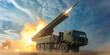 military artillery missile system launches rockets