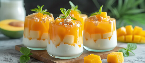 Dessert of fried milk jelly with mango, nata de coconut