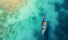 Boat On The Water Surface From Top View, Turquoise Blue Water Background From Top View, Summer Seascape From Air, Island, Travel And Vacation Image