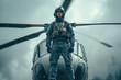 A male pilot stands near a helicopter