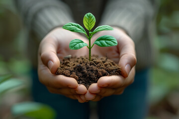 Poster - A close-up of a pair of hands holding a thriving seedling, symbolizing the potential for growth and regeneration through sustainable practices. Concept of nurturing a green future. Generative Ai.