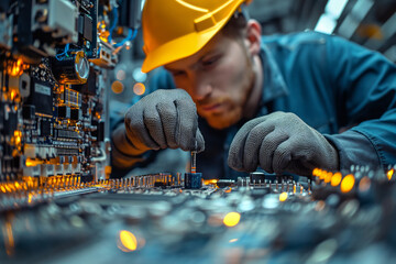 Poster - A technician repairs and adjusts electronic equipment.
