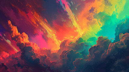 Wall Mural - Neon Rainbow In Clouds background illustration.