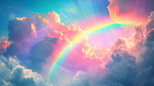 Neon Rainbow In The Clouds Fantasy Background Illustration.