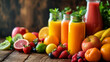 Assortment of Fresh Fruit Juices.
Variety of colourful fresh fruit juices arranged with an abundance of fruits.