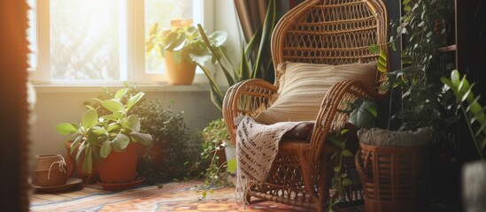 Canvas Print - Bohemian room in house with wicker chair, pillows, green plants in flower pot