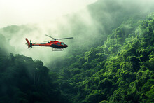Rescue Helicopter Flying Above Rainforest Searching Missing Person Incident . Saving Forests, Fighting Forest Fires .