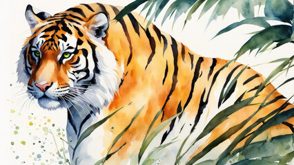 Wall Mural - Light watercolor tiger white background.