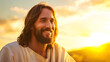 An expressive portrait of the life of the face of Jesus Christ smiling and looking at the camera against the background of the sky with the rays of the sunset. copy space