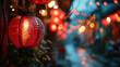 Happy chinese new year concept. hanging beautiful red lantern and flowers on red background with Copy space.	