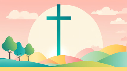 Easter Sunday with cross symbol sunrise background. Christian day illustration template for poster, presentation, banner, social media.