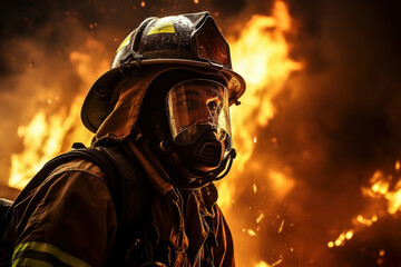 Poster - a firefighter in action, symbolizing courage and selflessness in the face of danger in the field of 