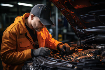 Poster - a mechanic working under the hood of a car, emphasizing the technical skills and expertise in the au