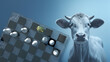 Gläsernes Schachbrett mit König und Bauern-Figuren vor hellblauem Hintergrund mit Kuh-Fotografie. Illustration