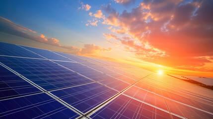 photovoltaic solar panels on sunset sky background, green clean energy concept background.