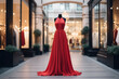 Elegant luxury women's red dress on a mannequin in window display in shopping center. Dress for reception or celebration.