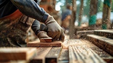 fotografía hiper realista de trabajador cortando madera en el exterior, luz de día soleado, moderna, Sony Alpha A9, Sony 85mm f/2.8 --ar 16:9 --v 6 Job ID: 9499dd59-3f10-4e8f-8adb-142e042641b8