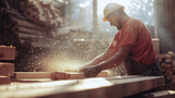 Fototapeta  - trabajador carpintero cortando madera en el exterior en el taller. Oficio de hombre artesano en madera. 