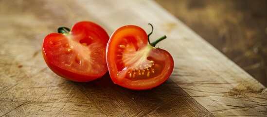 Sticker - Heart-shaped tomato cut in half on a wooden chopping board: express with tomatoes.