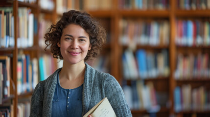 Sticker - woman with curly hair is smiling at the camera, holding a book, with a blurred library bookshelf in the background