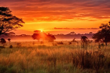 Wall Mural - Sunset in the Okavango Delta - Moremi National Park in Botswana, Sunrise over the savanna and grass fields in central Kruger National Park, South Africa, AI Generated