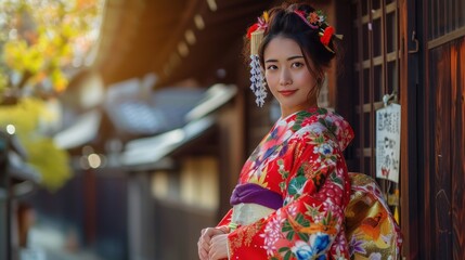A woman in a vibrant kimono exudes elegance. The grace and beauty of Japanese tradition.