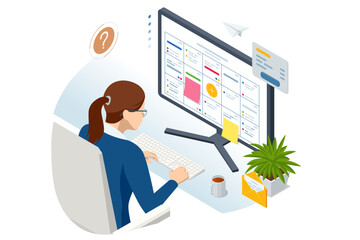 Poster - Isometric Project Manager uses a Laptop to Update Tasks and Milestones, Planning Progress through a chart scheduling interface displayed. Business Project Management System, Digital Calendar Schedule.
